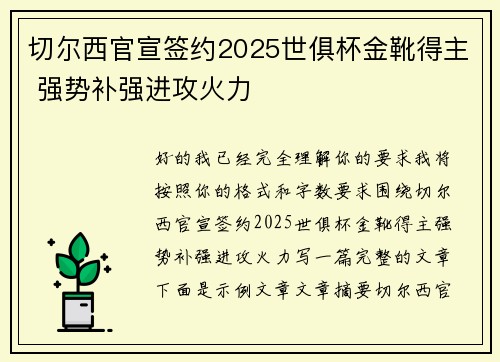 切尔西官宣签约2025世俱杯金靴得主 强势补强进攻火力