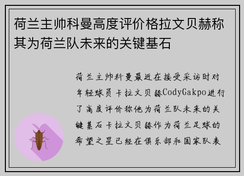 荷兰主帅科曼高度评价格拉文贝赫称其为荷兰队未来的关键基石